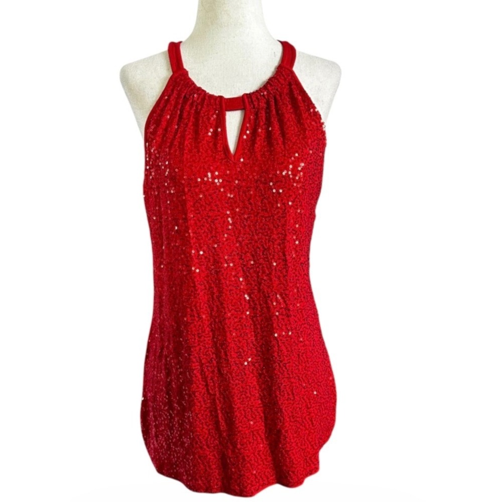 INC International Concepts Womens Red Sequin Halter Keyhole Top Large | 0109